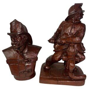 2 Fireman Statue Full Size & Bust Red Mill Figurine 1994 & 1997 #414 Vintage
